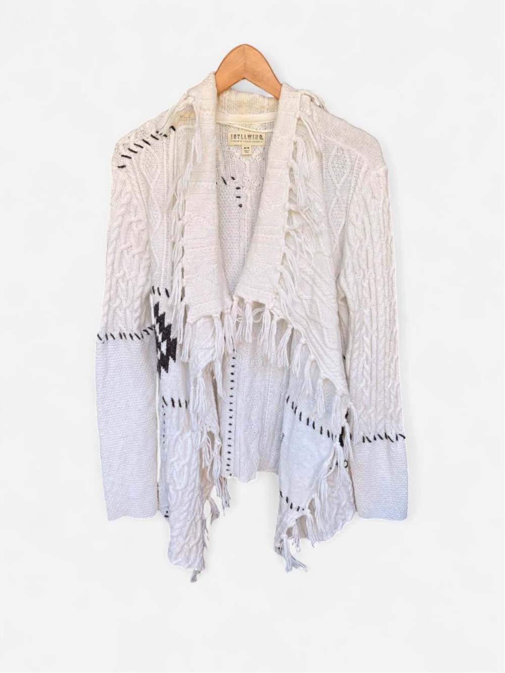 Idyllwind Aztec Ivory Fringe Open-Front Women’s Cardigan Sweater M Cozy & Warm